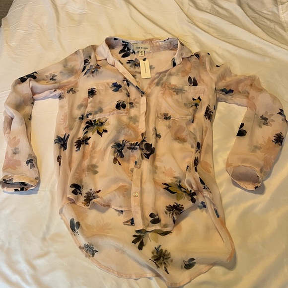 NWT! Cloth & Stone Anthropologie Tavira Sheer Floral Blouse pink/rose XS - Picture 9 of 11
